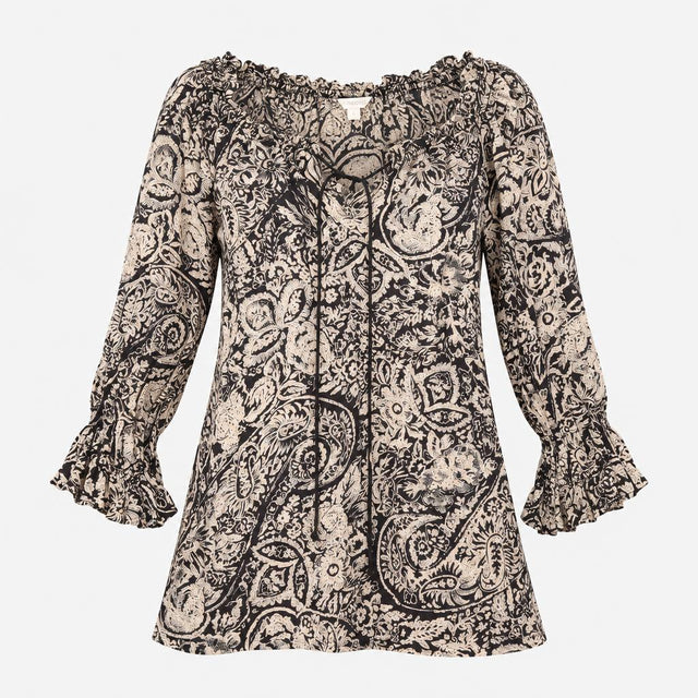 Black Cream Paisley Silk Longline Blouse with Ruff