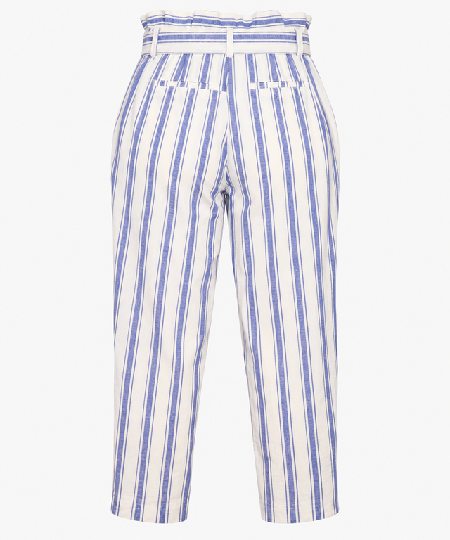 Trousers Linen Blend Striped Tie Waist Blue White