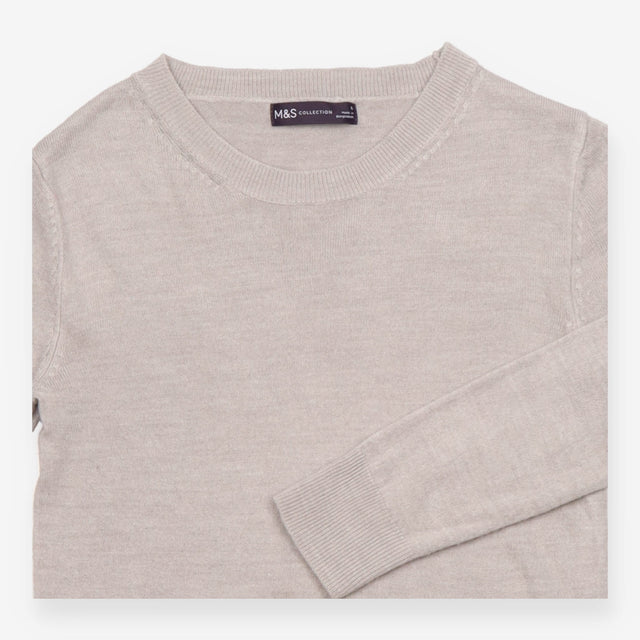 Jumper Beige Taupe Fine Knit Crew Neck Long Sleeve