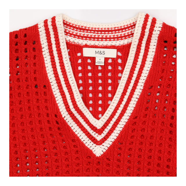 Red Cotton Blend Open Knit V-Neck Cricket Jumper W