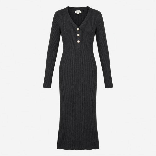 Knit Dress Grey V Neck Pearl Button Ribbed