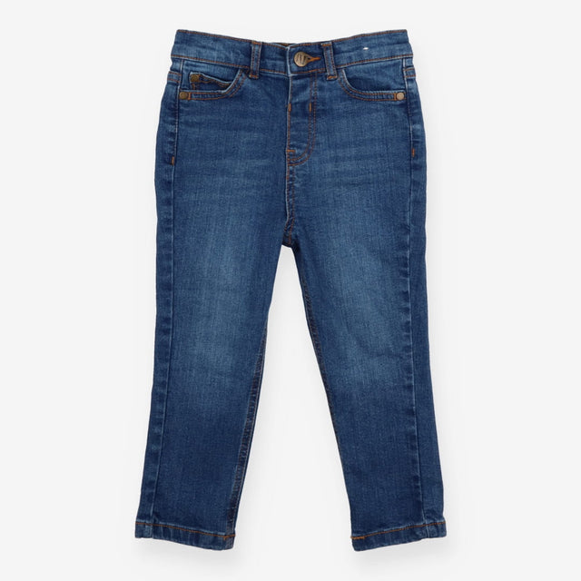 Dark blue jeans with gold button