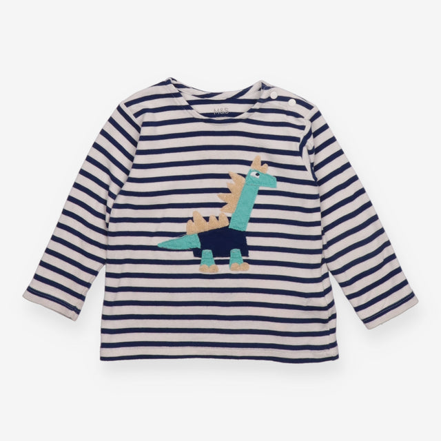 T-shirt long sleeve white and navy stripe dinosaur