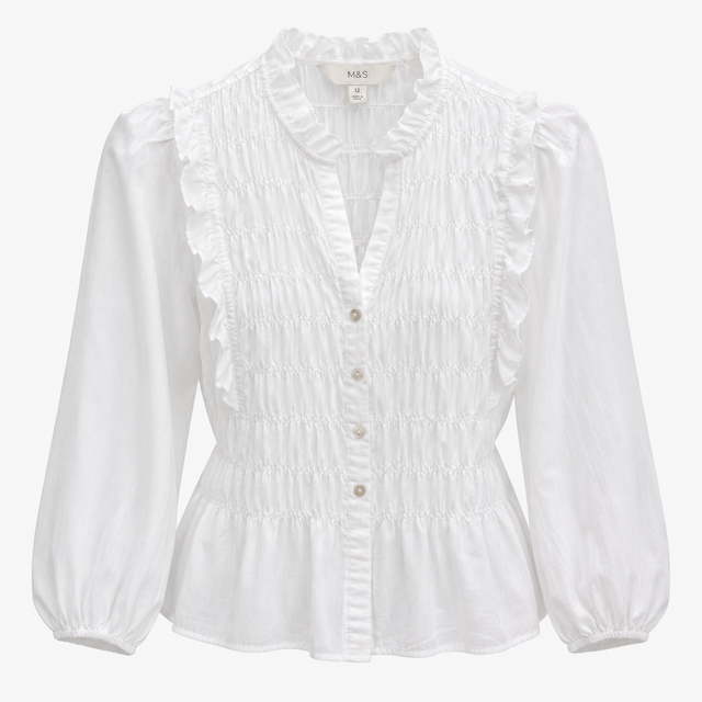 White Shirred Ruffle Long Sleeve Blouse