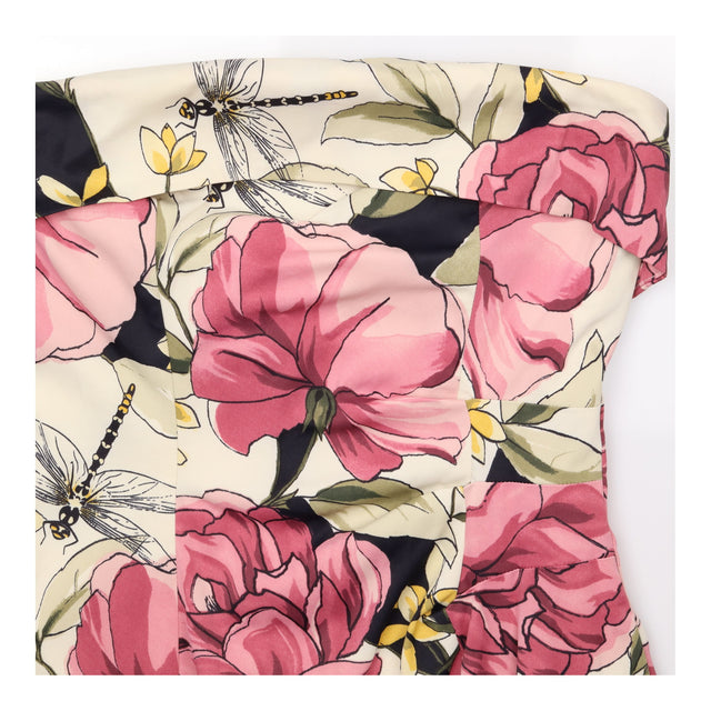 Y2K Midi Skirt Floral Rose Print A-Line Cream Pink