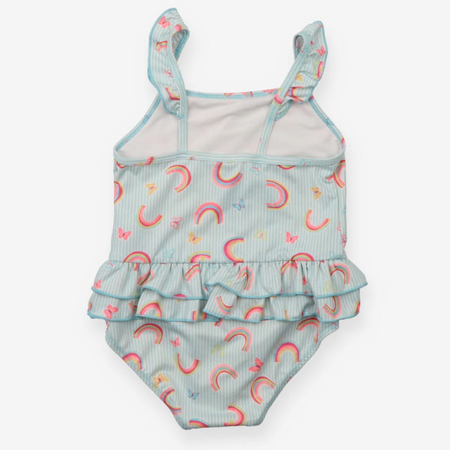 Blue striped swimming costume with rainbows