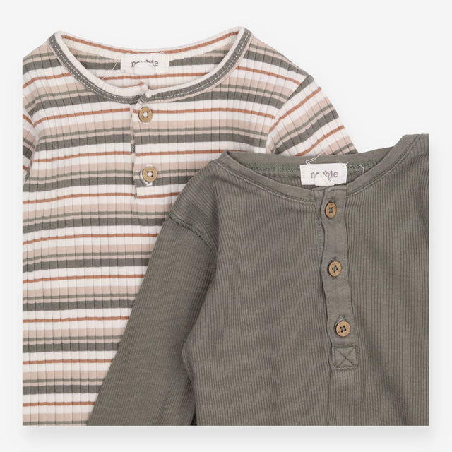 Bodysuits Long Sleeve Ribbed Khaki and Striped 2-P