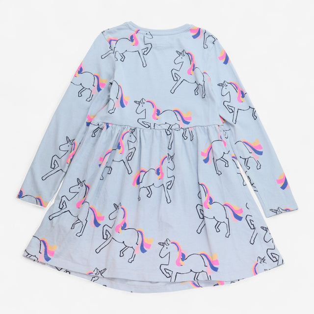 Long Sleeve Jersey Dress Blue with Rainbow Unicorn