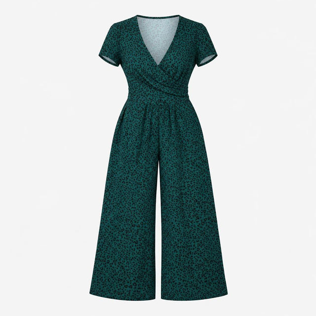 Teal Leopard Print Wrap Front Wide Leg Jersey Jump