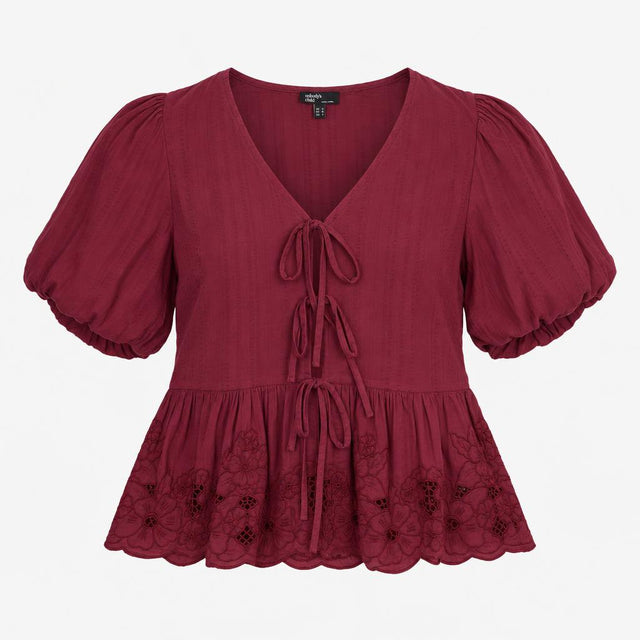 Blouse Plum Embroidered Broderie Tie Front Puff Sl