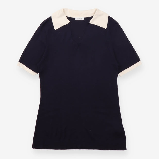 Silk Blend Contrast Collar Short Sleeve Knit Top