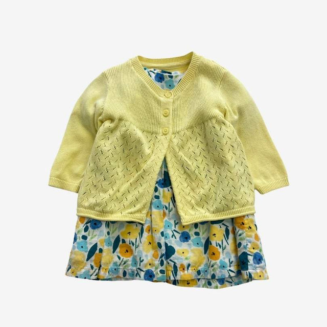 Yellow and Blue Woven Dress with Yellow Cardigan