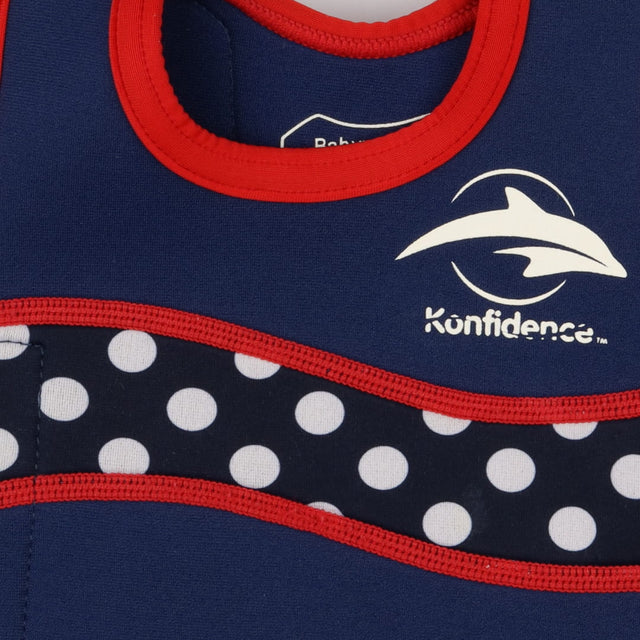 Baby wetsuit vest blue red and white dots