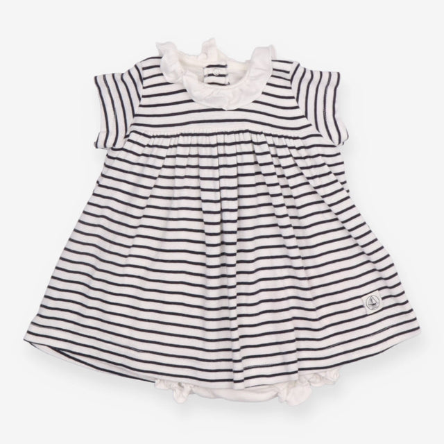 Dress navy and white striped ruffle neck