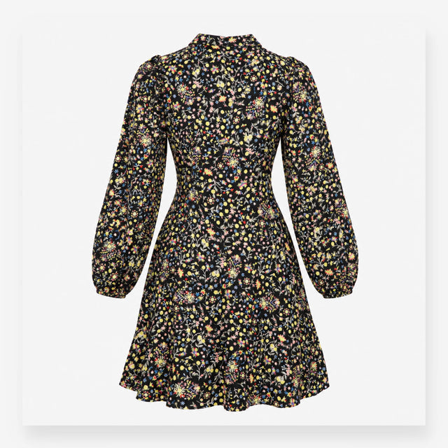 Dress Black Floral Tie Neck Long Sleeve Midi