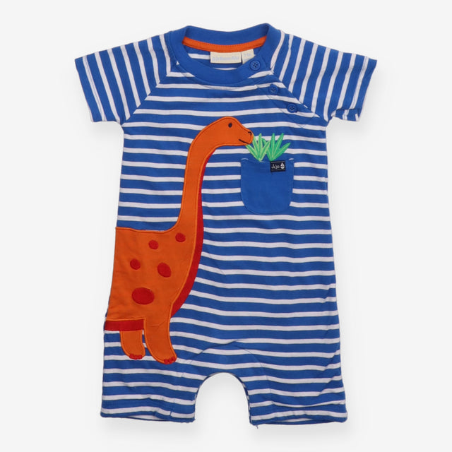 Blue and white stripe romper orange dino