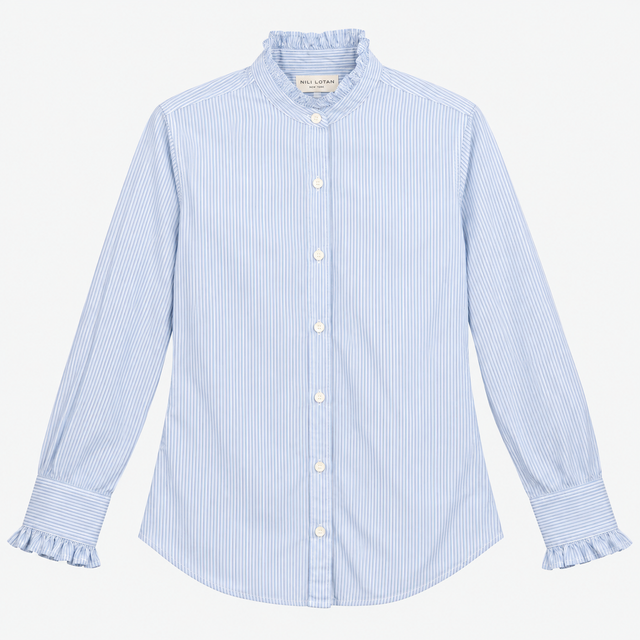 Shirt Blue White Pinstripe Cotton Ruffle Collar