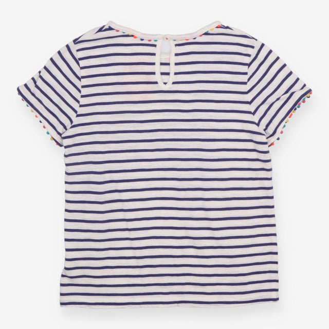 White and blue stripe pompom t-shirt