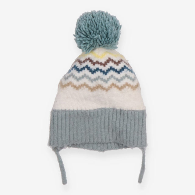 Bobble Hat Teal and White with Zig Zags