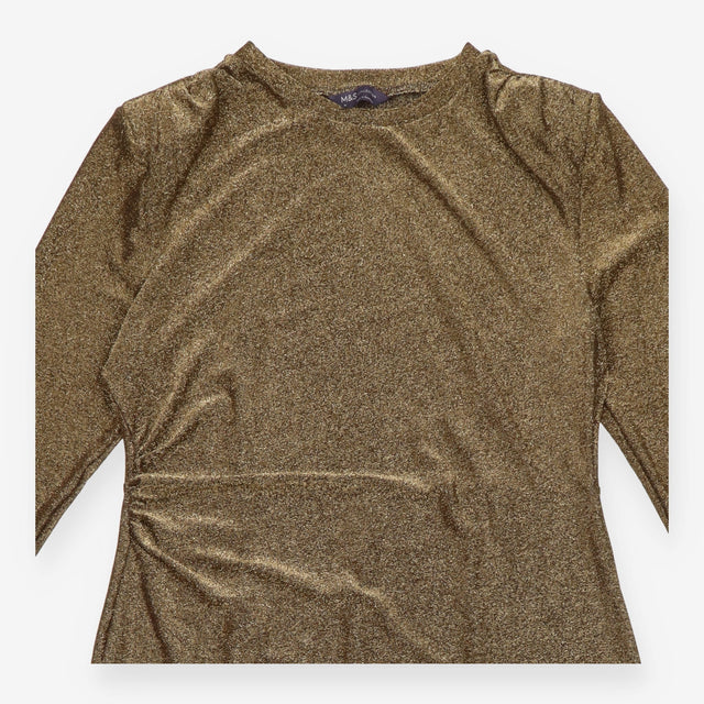Midi Dress Gold Metallic Ruched Long Sleeve Bodyco
