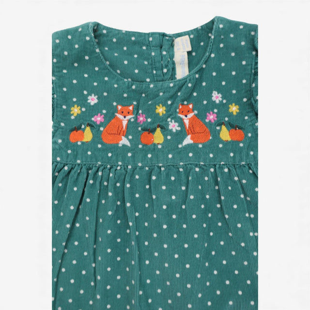 Green Spotty Cord Dress with Foxes and flowers