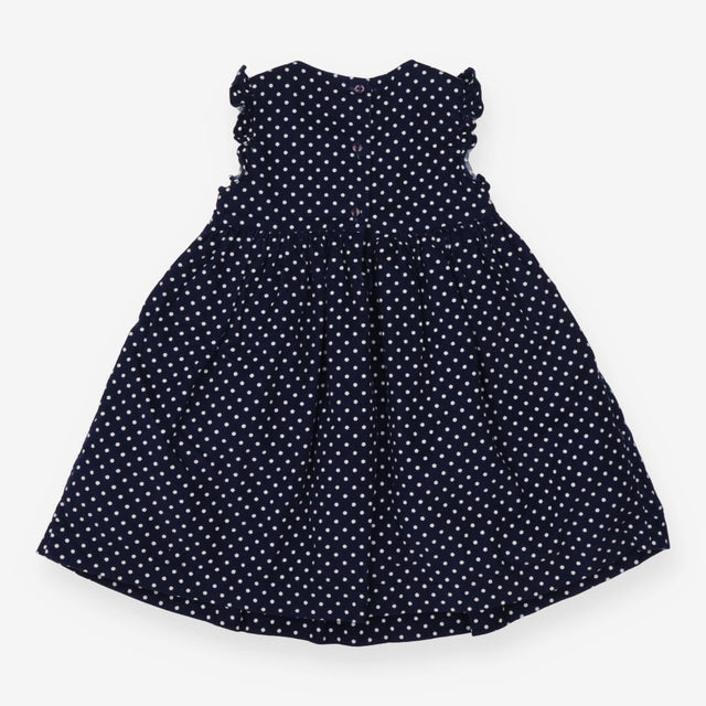 Pinafore dress navy cord with white dots