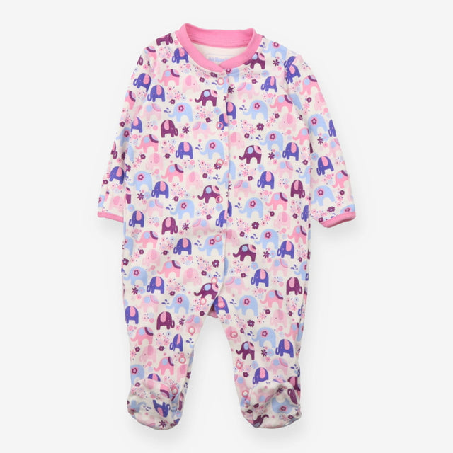 Sleepsuit Pink Trim Floral Elephants