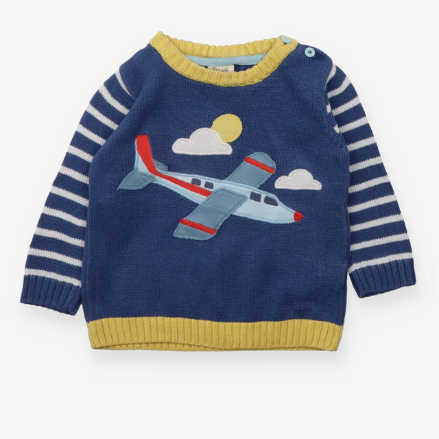 Sweater Knit Blue Stripe Aeroplane Applique
