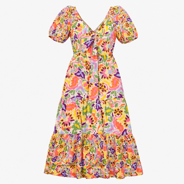 Cotton Floral Tiered Midi Dress Puff Sleeve V-Neck