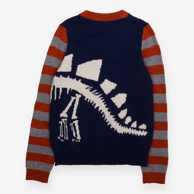 Knit sweater striped sleeves dino skeleton