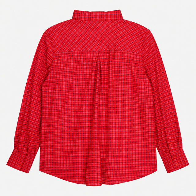 Shirt Red Check Viscose Ruffle Front Plaid Long Sl