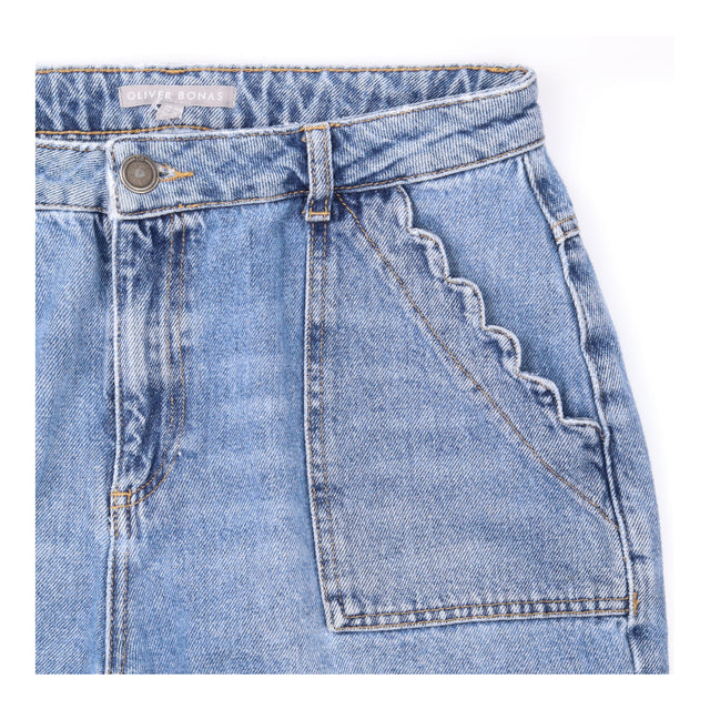 Cropped Jeans Blue Denim Scalloped Pocket Wide Leg