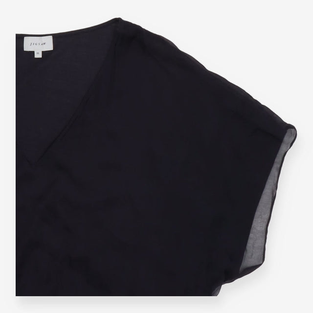 Navy Silk Blend Short Sleeve V-Neck Dress