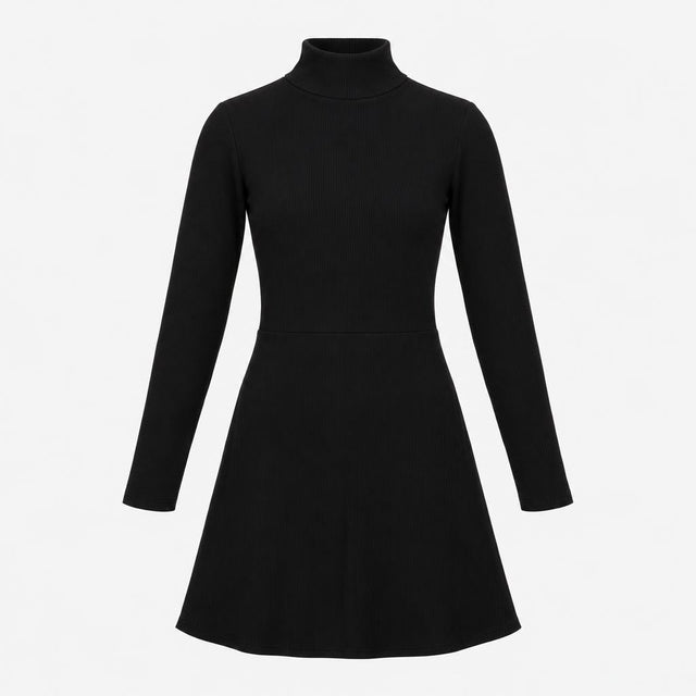 Mini Dress Black High Neck Ribbed