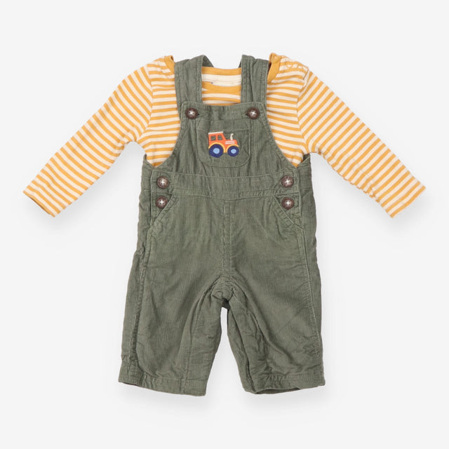 Outfit green cord dungarees tractor yellow stripe