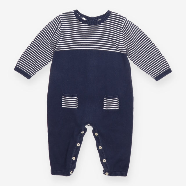 Knit romper navy stripe top and pockets