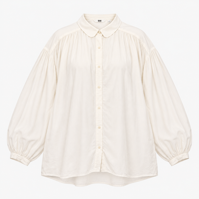White Viscose Cotton Gathered Long Sleeve Shirt