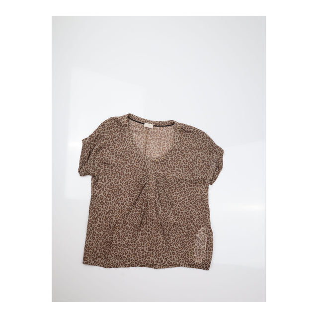 Top Brown Leopard Print Studded Neck Short Sleeve