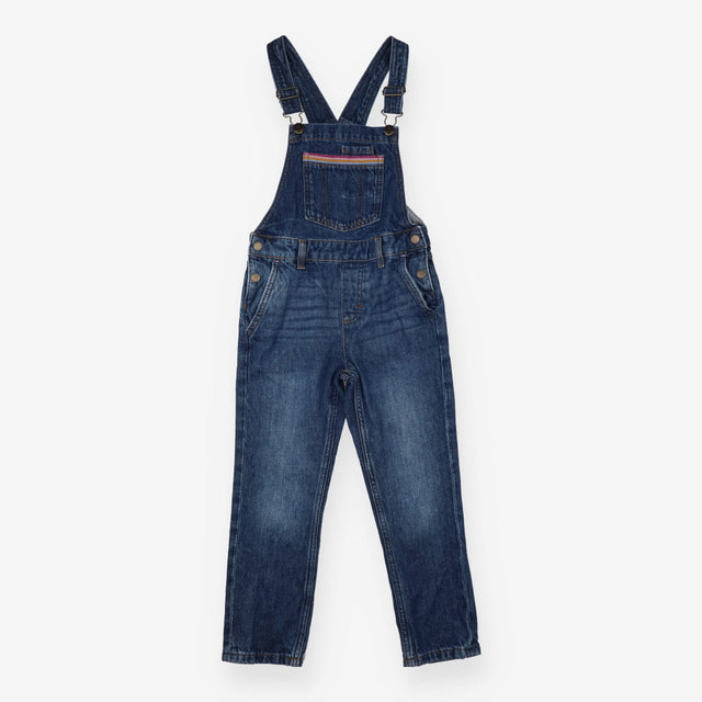 Blue dungarees with rainbow stitch pockets