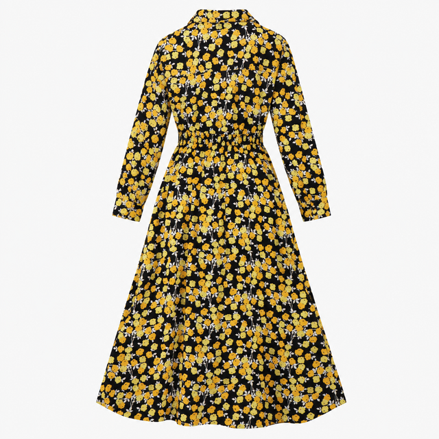 Black & Yellow Floral Long Sleeve Shirt Maxi Dress