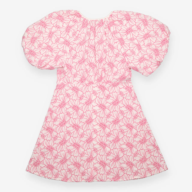 White and Pink Embroidered Floral Puff Sleeve Mini