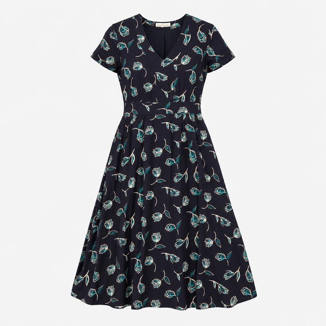 Navy Teal Tulip Print V Neck Short Sleeve Midi Dre