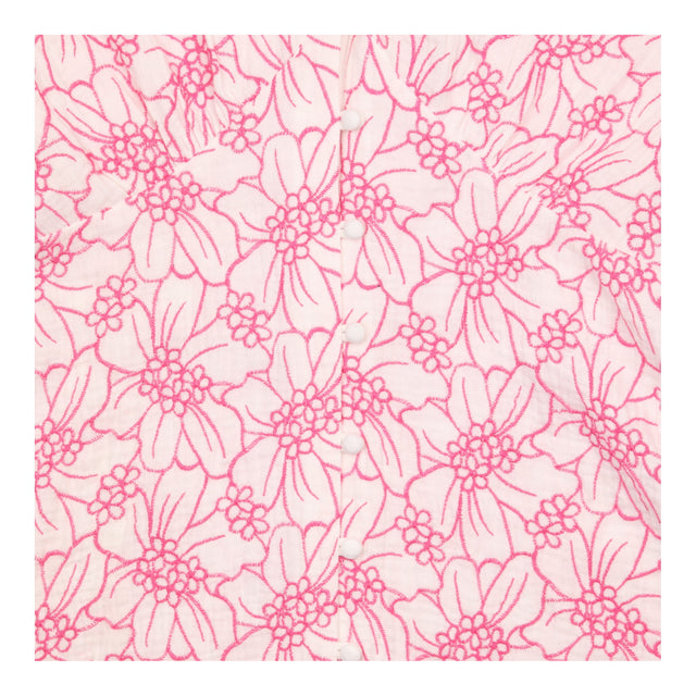 White and Pink Embroidered Floral Puff Sleeve Mini