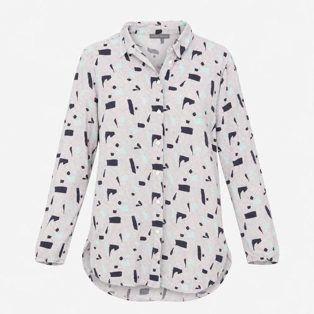 Grey Mint Abstract Print Long Sleeve Button Front