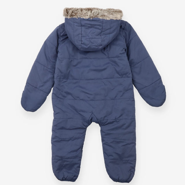 Blue fleece lined pramsuit with fur trim hood