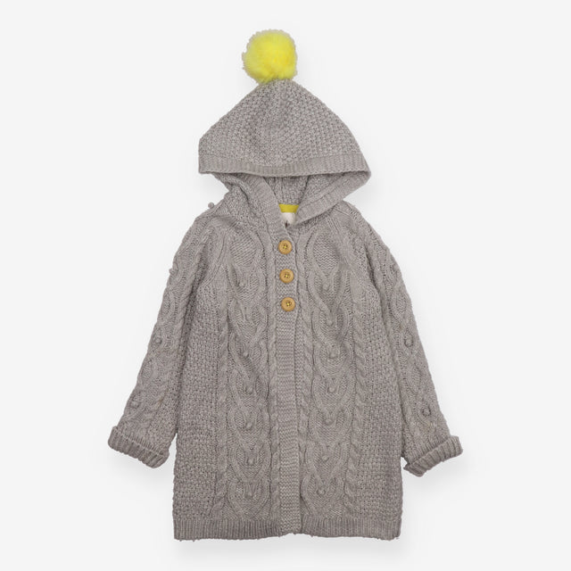Cardigan Long Cable Knit Grey with Yellow Pom Pom