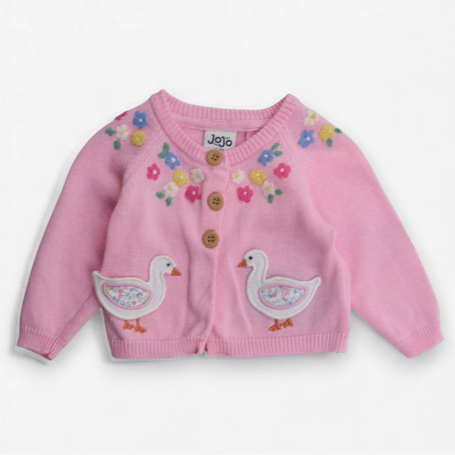 Cardigan pink wood buttons flowers geese bottom