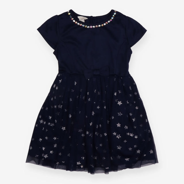 Dress Navy Gems Neckline and Tulle Skirt with Silv