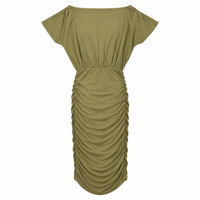 Midi Dress Khaki Green Ruched Side Jersey