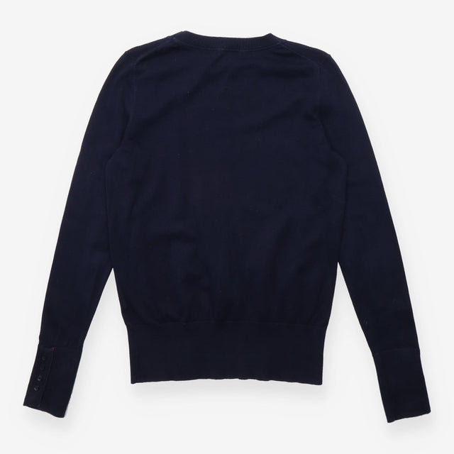 Jumper Navy Blue Fine Knit Crew Neck Button Cuff